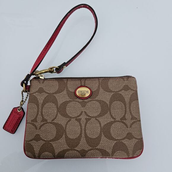 Coach Peyton Signature Brown & Pink Wristlet Gold Logo Card Holder Wallet Pouch - Picture 13 of 15